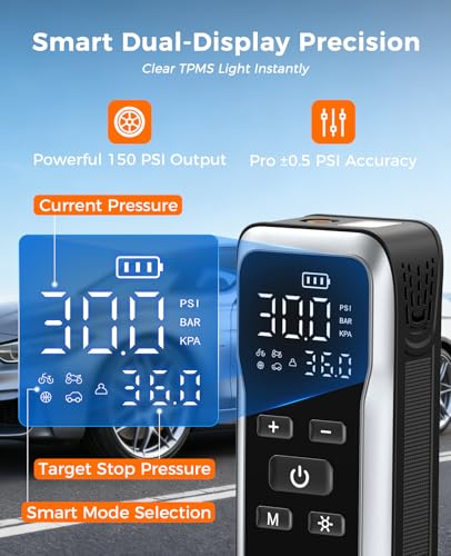JUSUOX Tire Inflator Portable Air Compressor, Dual Power Air Pump - color: Grey