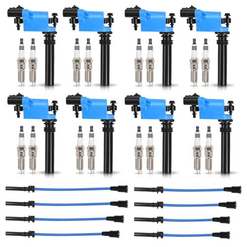 ENA Set of 8 Blue Ignition Coil Pack with 16 Spark Plug and Blue Wire Set Compatible with Chrysler Dodge Jeep Ram 1500 2500 3500 Magnum Grand Cherokee 300 5.7L V8 2003 2004 2005 Replacement for UF378