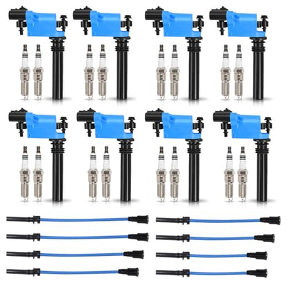 ENA Set of 8 Blue Ignition Coil Pack with 16 Spark Plug and Blue Wire Set Compatible with Chrysler Dodge Jeep Ram 1500 2500 3500 Magnum Grand Cherokee 300 5.7L V8 2003 2004 2005 Replacement for UF378