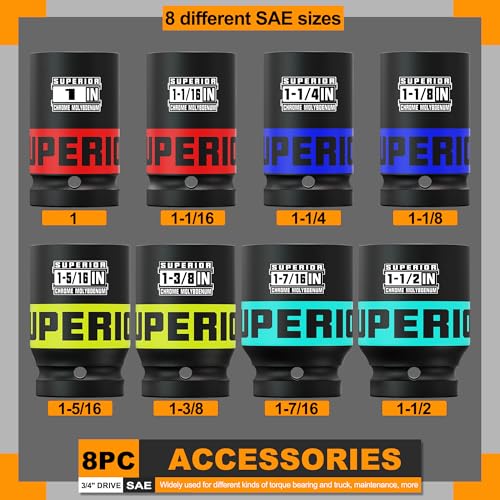 8 Piece 3/4" Drive Impact Socket Set, 1" - 1-1/2" Axle Nut Socket, SAE, 6-Point, Heavy Duty CR-MO, Large Automotive Repairs, Agricultural implement - size: 3/4" Axle SAE