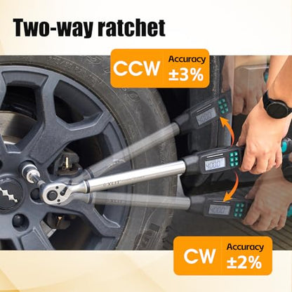 1/2” Digital Torque Wrench Set 8.9-295 ft-lb/12-400 Nm, ±2% Accuracy, LED & Buzzer Alerts, with 3 Adapters (1/4", 3/8"& Extension Bar), Industrial CR-V Steel for Car, Motorcycle, Bike Repair - size: 1/2", 8.9-295 ft-lb (12-400 Nm)