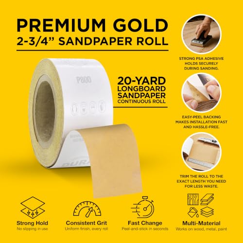 Dura-Gold Gold PSA Longboard Sandpaper, 800 Grit, 20 Yard Roll, 2-3/4" Wide - size: 800-Grit