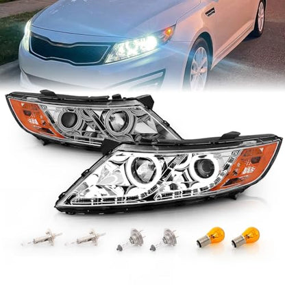 AmeriLite for 2011-2015 Kia Optima Halogen Model Xtreme LED Halo Rings Projector Chrome Replacement Headlights Set - Driver and Passenger Side - color: Chrome