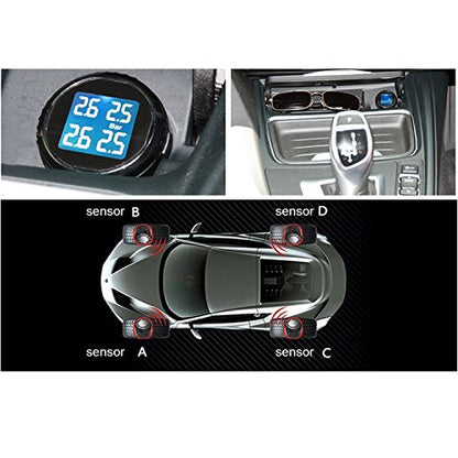 Wireless Tire Pressure Monitoring System (TPMS) for Small Size 4-tire Vehicles, Including 4 External Cap sensors (0-87PSI) - size: round display