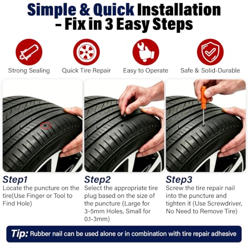 BURMONG 80Pcs Tire Repair Rubber Nails Kit with 4 Sizes,for Car,Motorcycle,