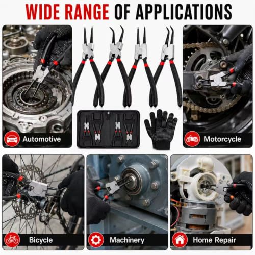 4-Piece Snap Ring Pliers Set, 7" Internal External Circlip Pliers, Straight & 90 Degree, 45# Steel 5/64" Tips for Bearing Transmission Motorcycle Automotive Retaining Ring Removal