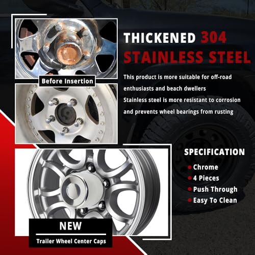 Rtrhinotuning Stainless Steel Push Through Center Caps 4.88" for Trailer Truck Rv Wheel Rims Chrome Trailer Hub Cap 4.76" Hight 4 PCS Wheel Center Caps - color: Chrome, size: 4.88" Center Hole, 4.76" Height