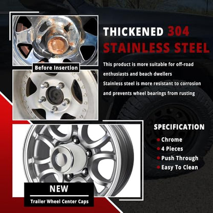 Rtrhinotuning Stainless Steel Push Through Center Caps 4.88" for Trailer Truck Rv Wheel Rims Chrome Trailer Hub Cap 4.76" Hight 4 PCS Wheel Center Caps - color: Chrome, size: 4.88" Center Hole, 4.76" Height