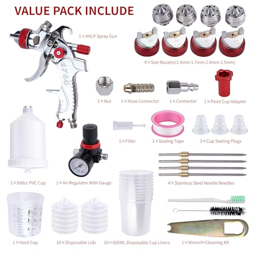 HVLP Spray Gun Kit, 4 Nozzles & 10 Disposable Paint Cups for Auto - color: RED