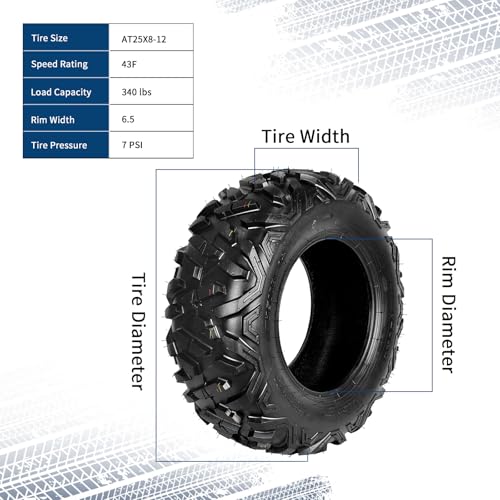 2PCS AT25X8-12 Heavy Duty 6PR ATV/UTV All-Terrain Tubeless Tires – Off-Road, Puncture Resistant, High Load, All Terrain Tires 20mm Tread Depth 25x8x12- for Mud, Sand, Trail, Rock – Tubeless - size: DAV110 25X8-12
