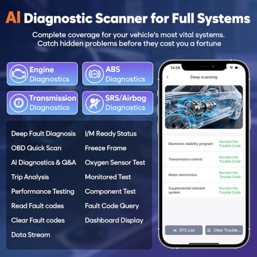OBD2 Scanner Bluetooth No Subscription with AI, ABS SRS ENG Transmission