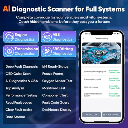 OBD2 Scanner Bluetooth No Subscription with AI, ABS SRS ENG Transmission