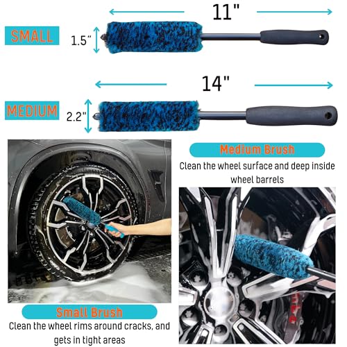 oesee 7PCS Car Wheel Rims Detail Cleaning PRO Wash Kit, Wheel Wash Mitt, Tire Brush, 2PCS Soft Wheels Brush, Detailing Brush, and Tire Dressing Pads, Microfiber Dry Towel Scratch-Free Cleaning - color: Blue/Black, size: 7-Pack
