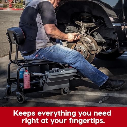 Powerbuilt Professional Mechanics Roller Seat, Heavy Duty Padded Detailer Seat and Backrest, Sliding Storage Drawers, Tool Tray, Can Holders, 4-Inch Swivel Wheels - size: Sliding Storage Drawers