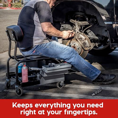 Powerbuilt Professional Mechanics Roller Seat, Heavy Duty Padded Detailer Seat and Backrest, Sliding Storage Drawers, Tool Tray, Can Holders, 4-Inch Swivel Wheels - size: Sliding Storage Drawers