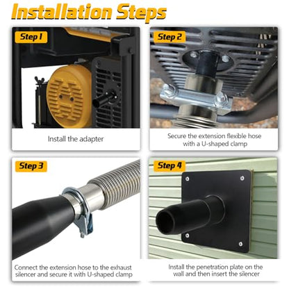 Generator Exhaust Extension Silencer Kit - Extended 32” Pipe & 2 Adapters for Universal Fit with Heat-Resistant Wall Plate to Safely Vent Fumes Outside & Reduce Noise Over 50%