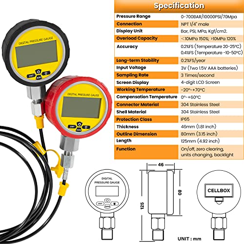 70M Digital Hydraulic Pressure Test Coupling Kit Hydraulic Pressure Gauge Kit for Excavator Construction Machinery 2 Gauges 2 Test Hoses 11 Couplings 700BAR/10000PSI/70Mpa - style: 2 Gauges 11 Test Couplings