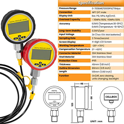 70M Digital Hydraulic Pressure Test Coupling Kit Hydraulic Pressure Gauge Kit for Excavator Construction Machinery 2 Gauges 2 Test Hoses 11 Couplings 700BAR/10000PSI/70Mpa - style: 2 Gauges 11 Test Couplings