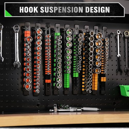 SWANLAKE Organizer Socket Holder, 9PCS 1/4-Inch x 48 Clips, 3/8-Inch x 45 Clips, 1/2-Inch x 36 Clips, Premium Quality Socket Clip Rail Holder - style: 9 PCS Green&Yellow&Orange