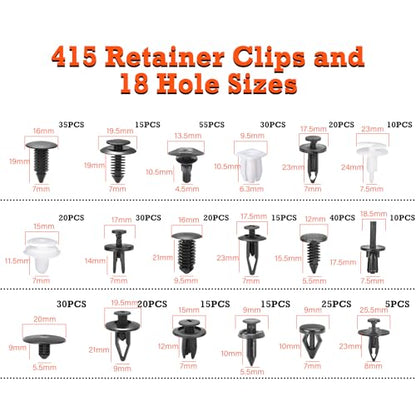 Car Retainer Clips & Fasteners Kit – 18 Universal Sizes Nylon Bumper, Fender Rivets, Door Panel Clips, and Plastic Rivets with Removal Tool for Toyota, Ford (415pcs) - style: 415pcs