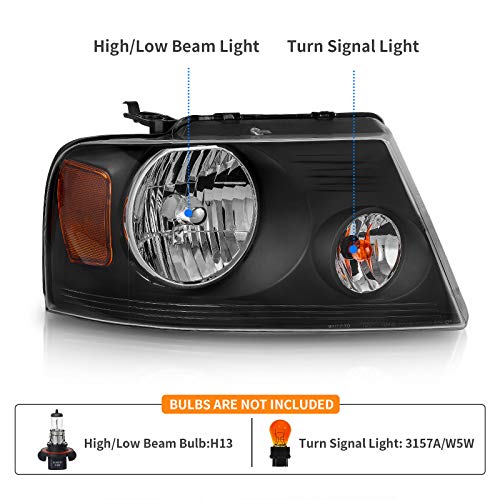 DWVO Headlight Assembly Kit Compatible with 04 05 06 07 08 Ford F150 / 2006 2007 2008 Lincoln Mark LT Pickup Passenger and Driver Side Black Housing Amber Reflector Clear Lens - color: A Black Housing Amber Reflector Clear Lens, size: OE Replacement