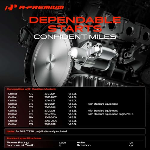 A-Premium Starter Motor, 12V 1.4KW 12 Teeth Clockwise | Compatible with Chevrolet Camaro 2010-2014 & Cadillac ATS 2013-2014, CTS 2005-2007 2.8L, 2008-2014, SRX 2006-2009, STS 2006 2008-2011, 3.0L 3.6L