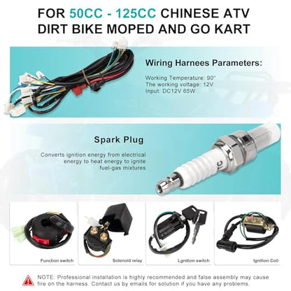 Complete Electrics Wiring Harness Kit for 4 Stroke ATV KLX (50cc 70cc 110cc 125cc) Quad Dirt Bike Go Kart taotao Stator Coil CDI Solenoid Spark Plug