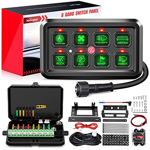 Nilight 8 Gang Switch Panel System Circuit Control Relay System Fuse Wiring Harness Automatic Dimmable ON Off LED Switch Pod for 12V Cars Trucks Campers SUV, 2 Years Warranty - color: Green, size: 8 Gang Switch