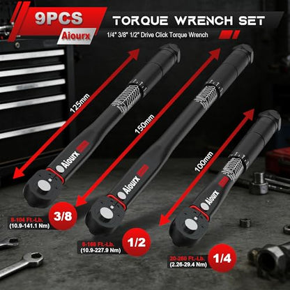 Torque Wrench Set 9PCS, 1/4" 3/8" 1/2" Drive Click Torque Wrench, 72 Tooth Dual-Direction Adjustable, Dual Scale, ±3% Accuracy, for Bicycle, Motorcycle, Automotive Repair and Maintenance - size: 9pcs