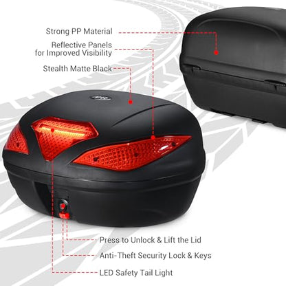 AHR 48L Motorcycle Top Case with Light Universal Tour Tail Box Scooter - size: 48L w/ LED