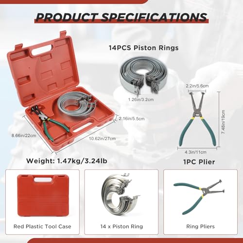 MRCARTOOL Piston Ring Compressor Tool 14Pcs with Plier,13 Rings 2.4"-5.7" - size: 14PCS