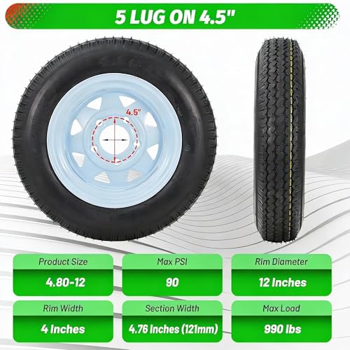 2 Pack 480-12 4.80x12 4.80-12 4.8-12 Trailer Tires with 12'' Rims, 5 Lug on 4.5'', Load Range C 6PR - size: 480-12, style: 5 Lug