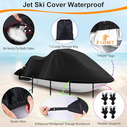 Jetski Cover 900D Waterproof for Yamaha Kawasaki,115IN-120IN 3 Seater PWC - color: Black-900-D, size: XL-115"-120"