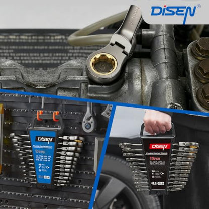 DISEN Ratcheting Wrenches Set 90 Tooth Flex-Head with Nickel Plating 24 Pcs - size: 24 MM&IN