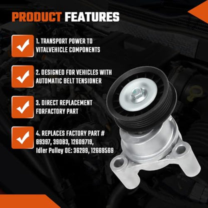 39083 Belt Tensioner Assembly with Pulley Fit for Silverado 1500 09-13, Fit for GMC Sierra 1500/2500 HD 10-13, Fit for Cadillac Escalade 09-14, Fit for Hummer H2 09, V8 6.2L/6.0L/5.3L/4.8L - size: 39083