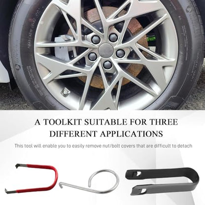 3PCS Wheel Bolt Cap Cover Removal Tool for Cars, Lug Nut Removal Tool, 3 Type Car Wheel Hub Bolt Nut Cover Remover, Auto Locking Lug Tyre Center Cap Puller & Remover Hook for Most Vehicles