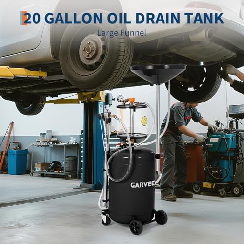 Garvee 20 Gallon Waste Oil Drain Tank, Air Operated Portable Oil Drainer with Adjustable Funnel, Fluid Fuel Transfer Drainage with Wheels, Oil Change Container for Automotive Workshops - size: 20 Gallon - Measuring Cup - Black