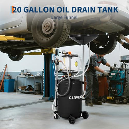 Garvee 20 Gallon Waste Oil Drain Tank, Air Operated Portable Oil Drainer with Adjustable Funnel, Fluid Fuel Transfer Drainage with Wheels, Oil Change Container for Automotive Workshops - size: 20 Gallon - Measuring Cup - Black