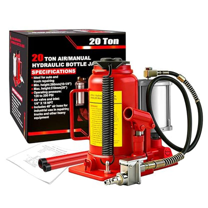 Air Hydraulic Bottle Jack with Color Box, 20 Ton (40,000 lbs) Cap Welded Pneumatic Bottle Jack, 10-1/4-20 inch Lifting Range, Manual Handle and Air Pump, for Car, Pickup, Truck, RV, Auto Repair