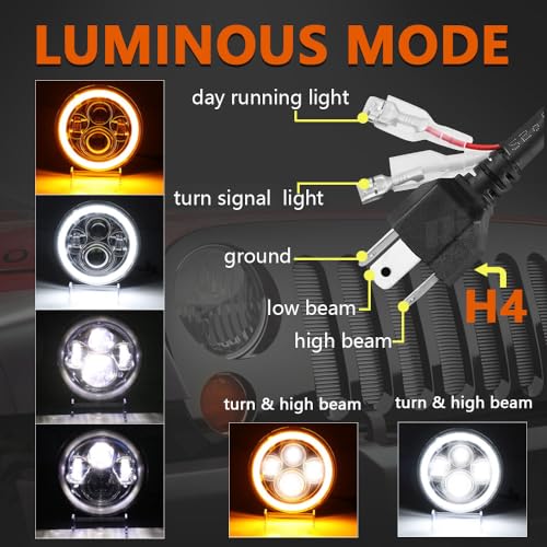 YUGUANG 7 inch LED Headlight Round, LED Halo Headlight Hi/Low Beam DRL Amber Turn Signal DOT Approved Compatible with Wrangler JK TJ CJ, 2PCS - color: 7 inch LED Headlight-Sliver