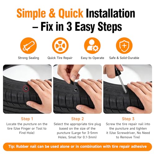 101Pcs Tire Repair Rubber Screw Kit, Dual Size (Small & Large) Rubber Nail Plugs for Car, Motorcycle, Truck, Tractor – Fast Self-Service Tool for Vacuum Tire Puncture Repair, Includes Screwdriver