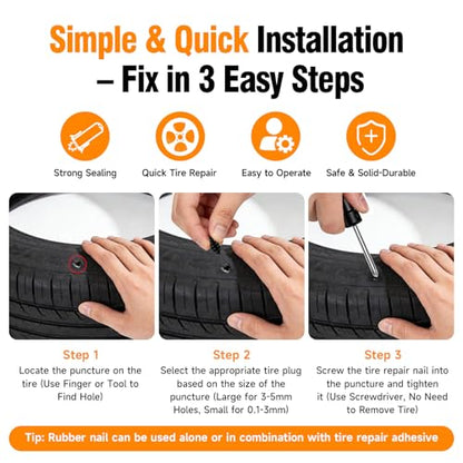 101Pcs Tire Repair Rubber Screw Kit, Dual Size (Small & Large) Rubber Nail Plugs for Car, Motorcycle, Truck, Tractor – Fast Self-Service Tool for Vacuum Tire Puncture Repair, Includes Screwdriver