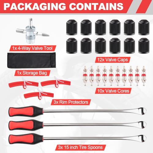 15" Tire Spoons Kit, Tire Changing Tool for Motorcycles, Dirt Bikes, Lawn Mowers and More, 29PCS Tire Removal Tool Set, with Tire Spoon, Rim Protector, Valve Tool, Valve Cover and Valve Core