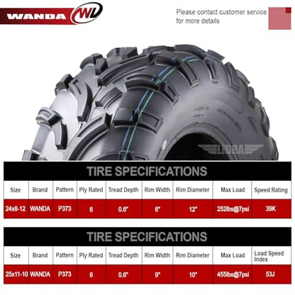 WANDA UTV ATV Tires 24x8-12 Front & 25x11-10 Rear /6PR P373 Lit Mud - size: 24X8-12&25X11-10