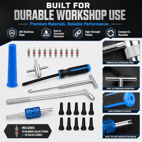 Valve Stem and Core Removal Replacement Tool Kit,Valve Stem Installation Tool Without Removing Tire,Snap Fix Mate Valve Stem with 5 TR413/TR414 for Cars Motorcycles Lawn Mowers ATVs