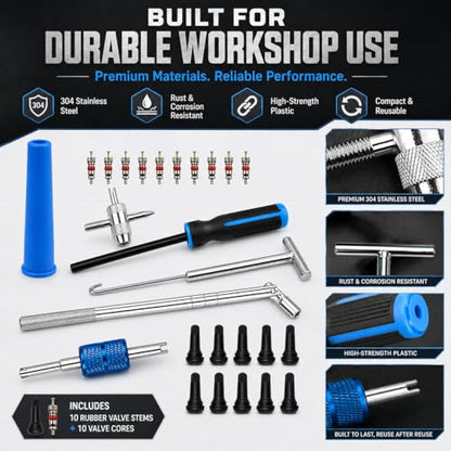 Valve Stem and Core Removal Replacement Tool Kit,Valve Stem Installation Tool Without Removing Tire,Snap Fix Mate Valve Stem with 5 TR413/TR414 for Cars Motorcycles Lawn Mowers ATVs