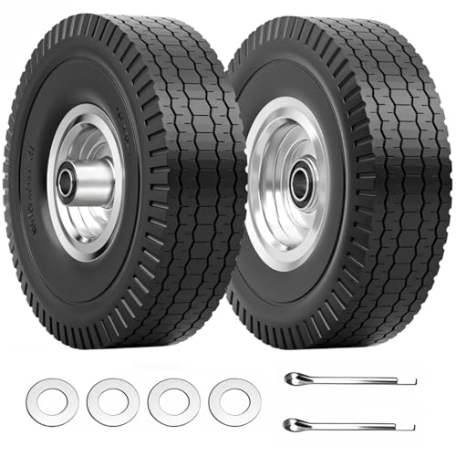 4.10/3.50-4 Tire & Wheel Flat Free, 2 Pcs Heavy Duty Solid PU Non-inflated Tires with Double Sealed Bearings, 5/8 in Axle Bore Hole & 2.15 in Offset Hub for Dolly/Garden Cart/Wheelbarrow/Wagon - size: 2 Pack Tires