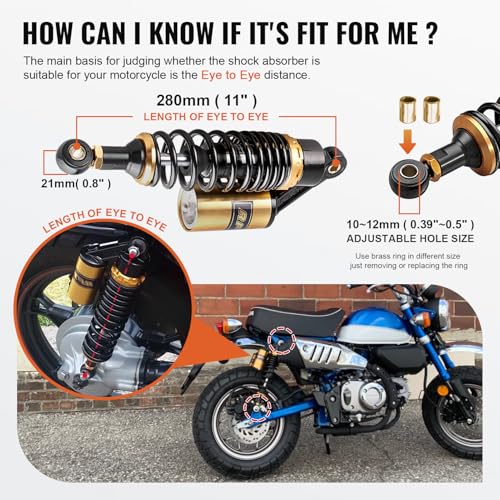 11" Rear Adjustable Air Shock Absorbers eye to eye 50-110cc Universal - color: Black Gold, size: 280MM