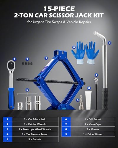 OMT 2 Ton Scissor Jack, 15pc Car Scissor Jack Kit, 4409 Lb. Portable Kit - style: Single Tooth