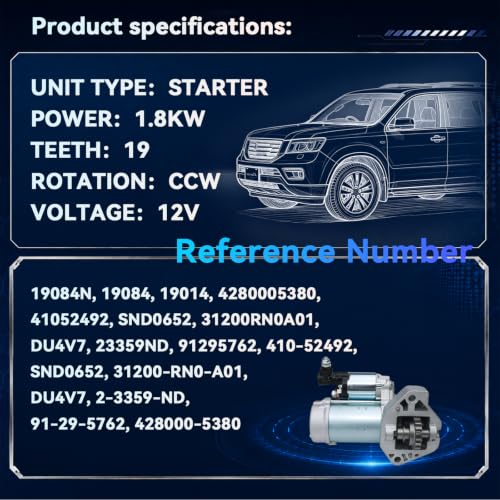 431200-RN0-A01 19084N Starter Motor for 2009-2014 Honda Pilot, 2011-2013 Honda Odyssey V6 3.5L & 2010-2011 Acura TL, V6 3.5L 3.7L, 12V 1.8KW 19 Teeth CCW - size: 41052492